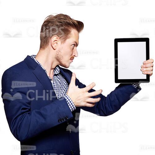 Profile View Standing Young Man Presenting And Angry Looking At Tablet Cutout Photo-0