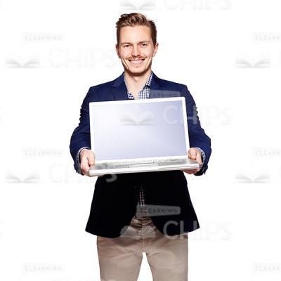 Widly Smiling Businessman Offering Laptop Cutout Photo-0