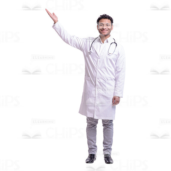 Cheerful Doctor Smiles And Points Upwards Cutout Picture-0