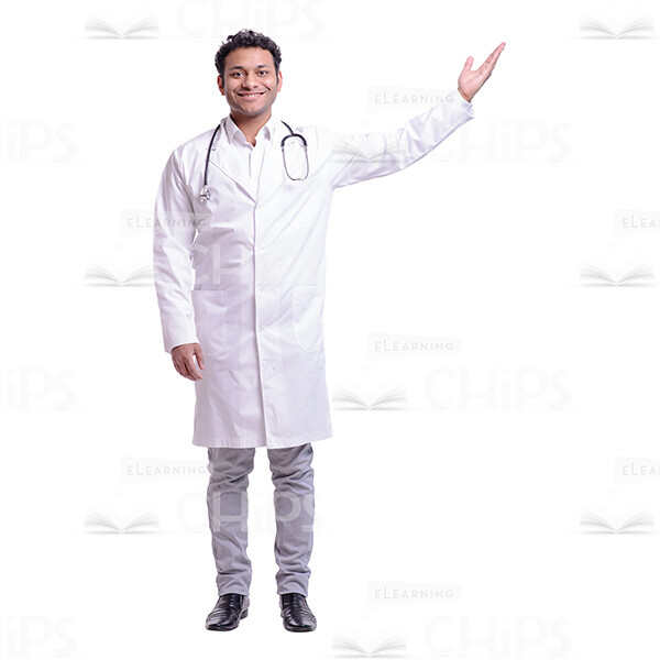 Cutout Picture Of Cheerful Doctor Smiles Ans Points Upwards-0