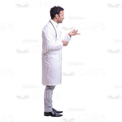 Cutout Image of Smiling Young Doctor Standing Sideways and Showing Fluffy Fingers-0