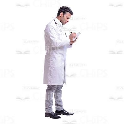 Cutout Picture of Serious Young Doctor Standing Half-turned and Putting Down in a Health Record-0