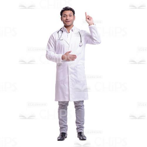 Cutout Photo of Young Doctor Holding Hand at His Stomach and Pointing Up-0