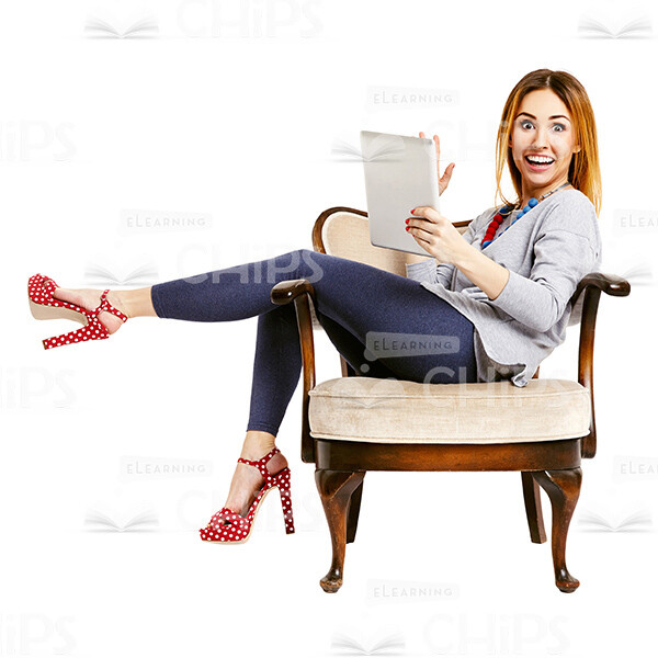 Excited Cutout Woman Sitting On Lounge Chair And Using Tablet-0