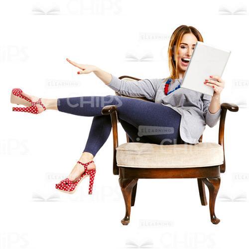 Cutout Image Of Sitting Laughing Young Woman Looking At The Tablet-0