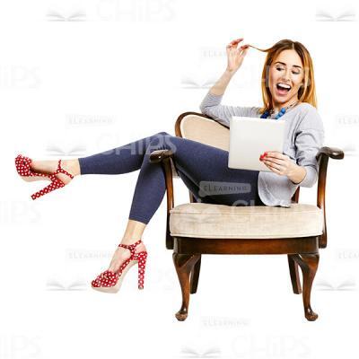 Cutout Image Of Sitting On A Lounge Chair Laughing Young Woman With Tablet -0