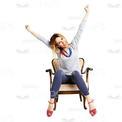 Cutout Image Of Sitting On A Lounge Chair Happy Woman With Raised Arms -0