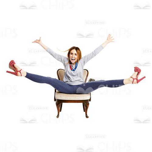Cutout Image Of Extremely Happy Woman Sitting On A Lounge Chair With Widely Raised Arms And Legs-0