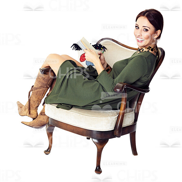 Cutout Character of a Young Woman in a Green Dress Sitting Half-Turned in the Armchair and Smiling-0