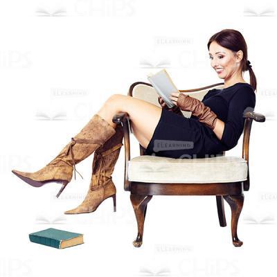 Cutout Character of Smiling Young Woman in Black Dress Lying in Armchair and Reading Book-0