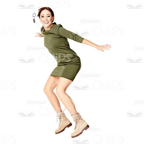 Profile View Jumping Young Girl In Khaki Dress With The Bag Cutout Image-0