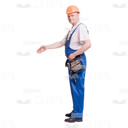 Cutout Picture of Middle-aged Constructor in Orange Hard Hat Looking at the Camera Outstretched His Hand -0