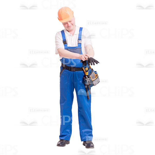 Cutout Photo of Smiling Constructor in Orange Hard Hat Putting on Work Gloves-0