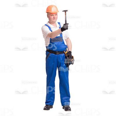 Middle-aged Constructor in Orange Hard Hat Showing a Hammer Cutout Photo-0