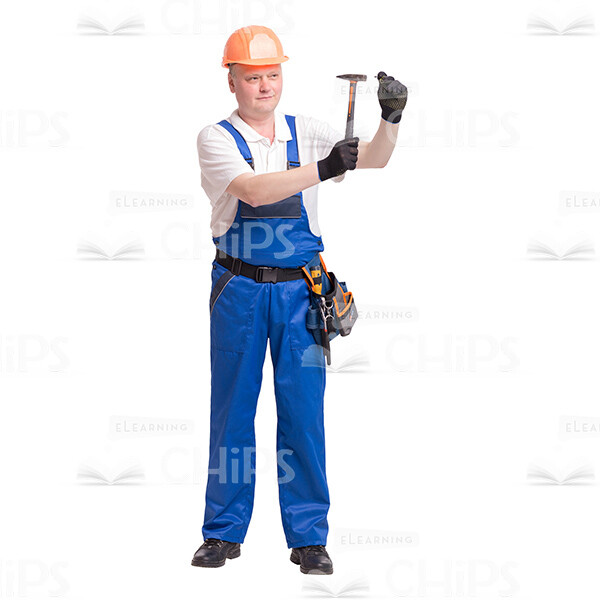 Cutout Photo of Middle-aged Constructor in Orange Hard Hat Hammering a Nail-0