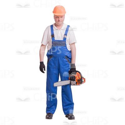 Serious Constructor With Chainsaw Wearing Orange Hard Hat Cutout-0