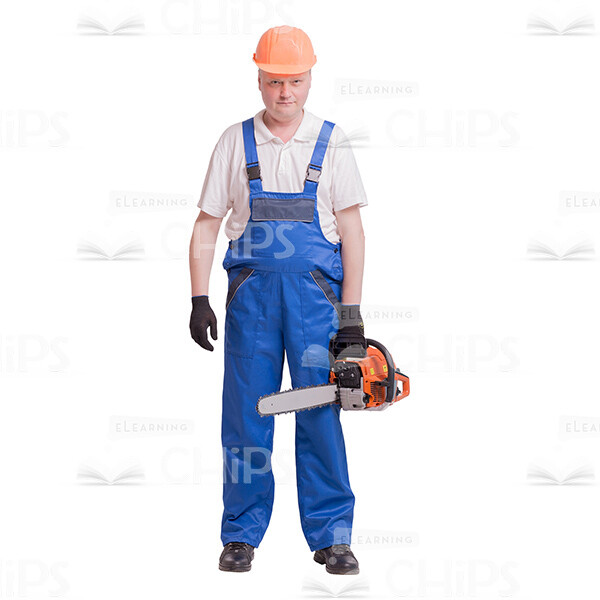Serious Constructor With Chainsaw Wearing Orange Hard Hat Cutout-0