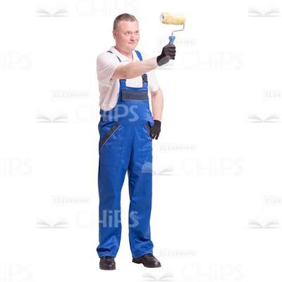 Cutout Photo of Middle-aged Builder Raised His Hand with the Roller up -0