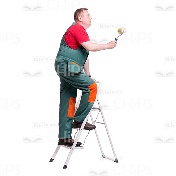Cutout Photo of Worker Standing on the Ladder and Holding a Paint Roller in the Right Hand-0