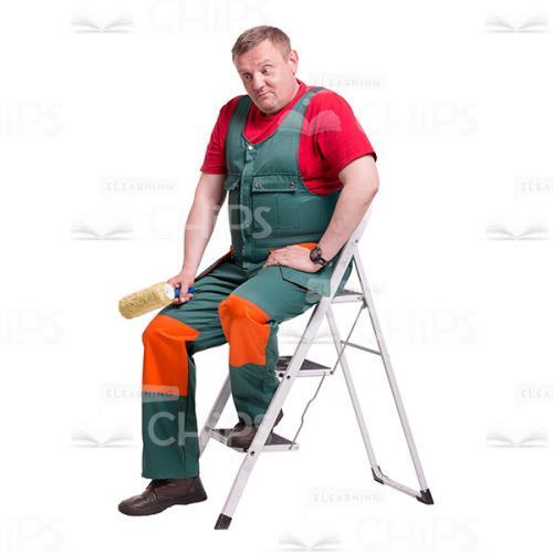 Cutout Picture of Surprised Repairman with a Paint Roller Sitting on the Ladder -0