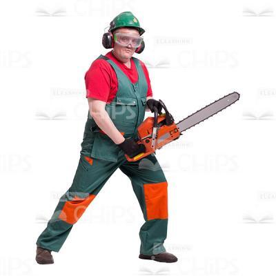 Cutout Photo of Middle-age Handyman Holding Chain Saw and Ready to Start Working-0