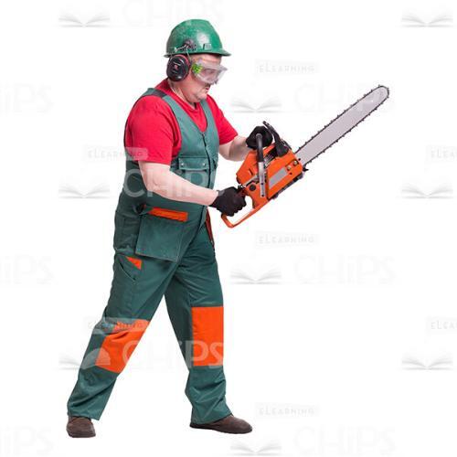 Cutout Photo of Focused Handyman Standing Sideways and Sawing -0
