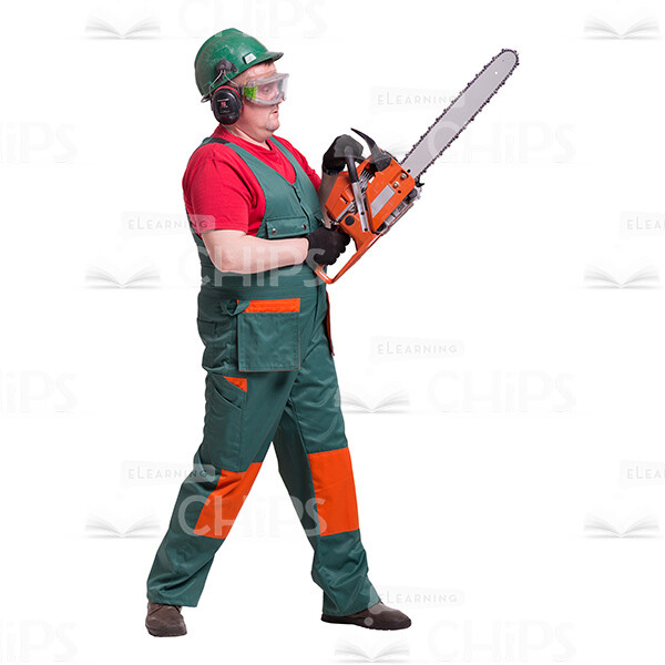 Cutout Photo of Focused Handyman Holding a Chain Saw and Evaluating the Results -0