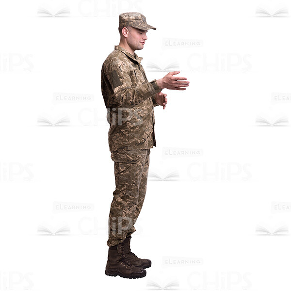 Profile View Slightly Smiling Gesticulating Young Soldier Cutout Photo-0