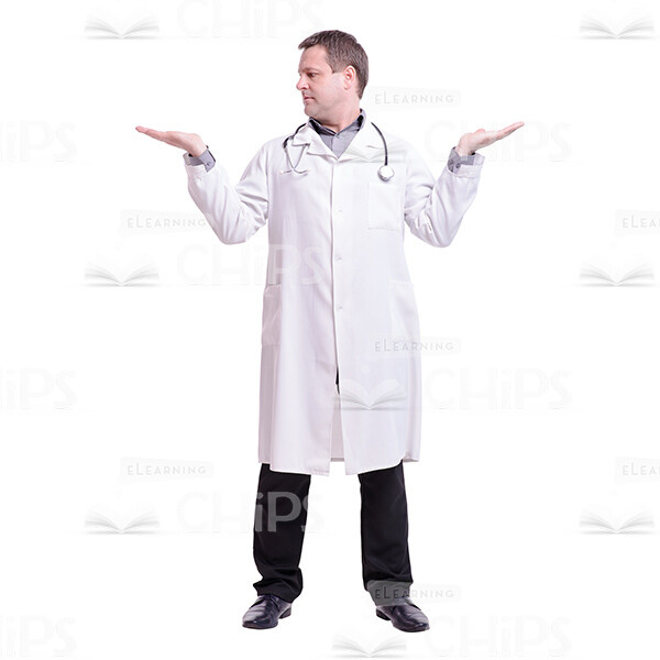 Both Hands With Palms Up Standing Doctor Looking Left Cutout Photo-0