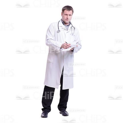 Cutout Picture of Serious Doctor Looking at the Camera and Writing in a Health Card-0