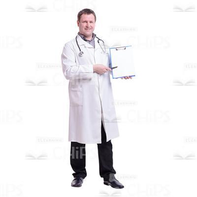 Cutout Picture of Smiling Doctor Pointing with the Pen at the Folder-0