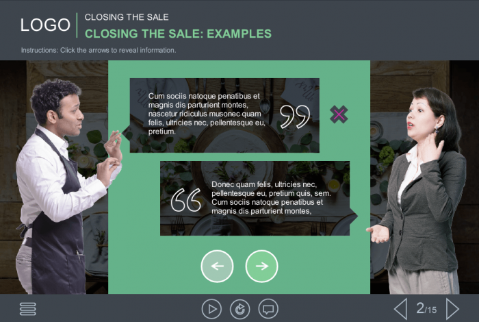 Cutout Waiter Talking to Female Asian Client — eLearning Articulate Storyline Templates