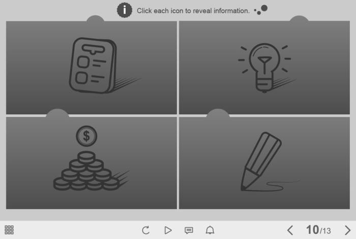 Grey Clickable Steps with Icons — Captivate Template-0