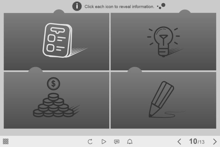 Grey Clickable Steps with Icons — Captivate Template-54735
