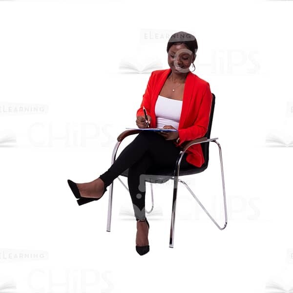Smiling Businesswoman Making Notes On Blue Clipboard Cutout Image-0