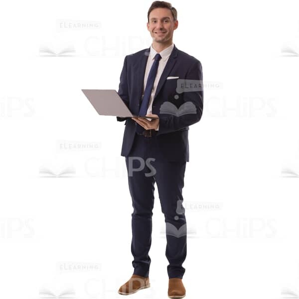Smiling Young Cutout Man Holding Open Laptop-0