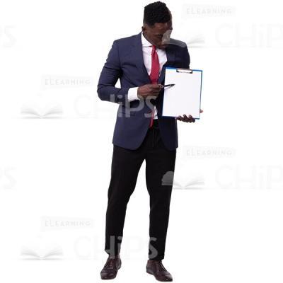 Young Man Presenting And Pointing At Clipboard With Blank Paper Cutout-0