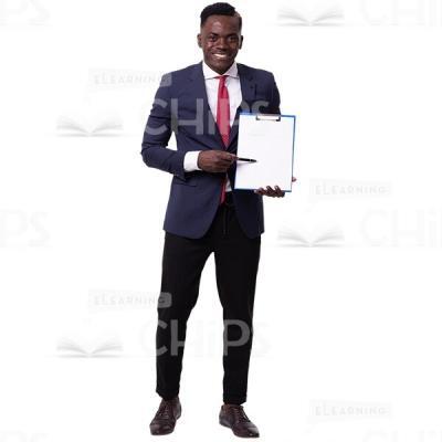 Happy Cutout Businessman Pointing By Pen On Blue Clipboard-0