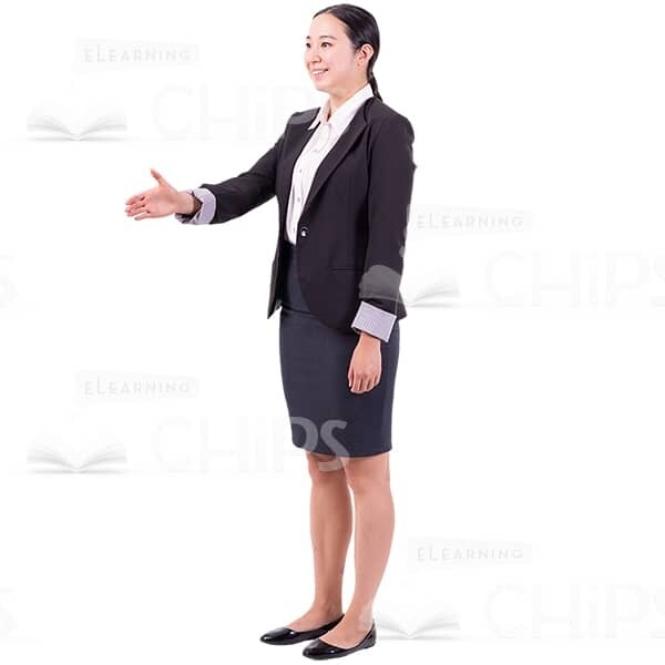 Asian Cutout Woman With Cheerful Smile Greeting By Right Hand-0