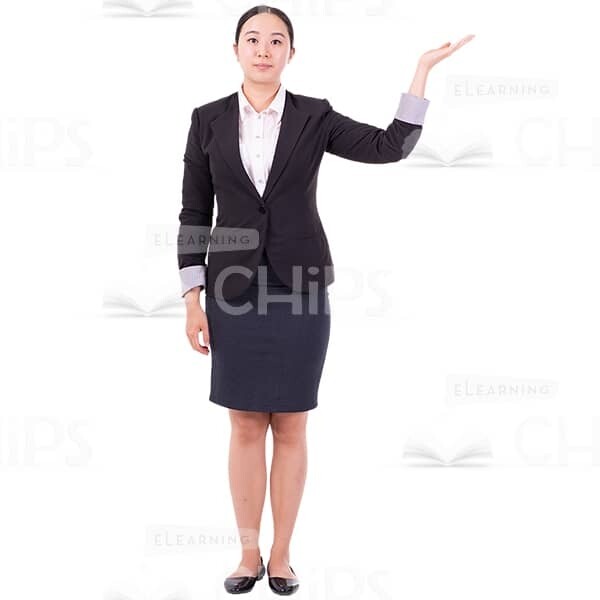 Nice Young Woman Raised Left Arm For Presenting Cutout Photo-0