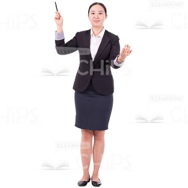 Young Woman Pointing By Pen Spreads Arms Cutout Photo-0