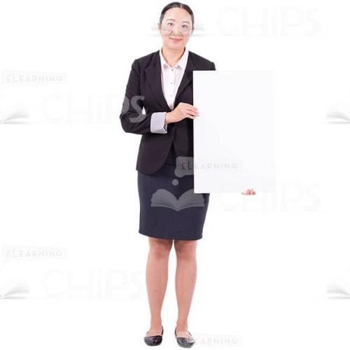 Glad Young Woman Keeping Presentation At Left Cutout Photo-0