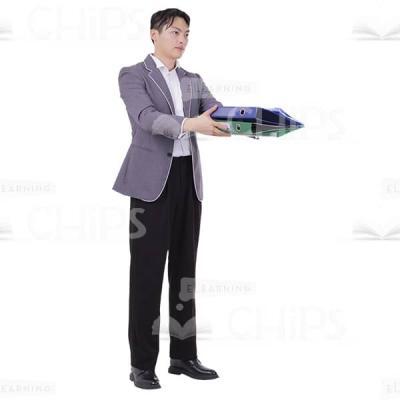 Calm Young Cutout Man Holding Folders In Hands And Gives Them-0