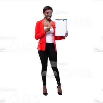 Friendly Cutout Young Woman Pointing By Pen On Clipboard-0