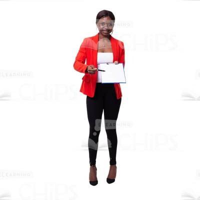 Charming Businesswoman Pointing Right Arm To Clipboard Cutout Photo-0
