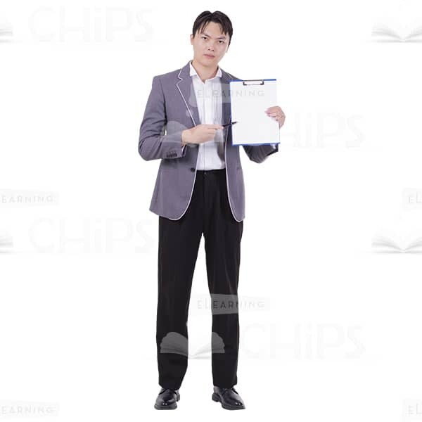 Serious Office Employee Cutout Man Pointing By Pen To Clipboard-0