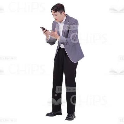 Puzzled Cutout Young Man Gesturing Looking In Mobile Phone-0