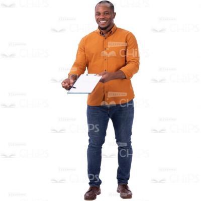 Smiling Cutout Man Pointing By Pen On Clipboard With White Blank-0
