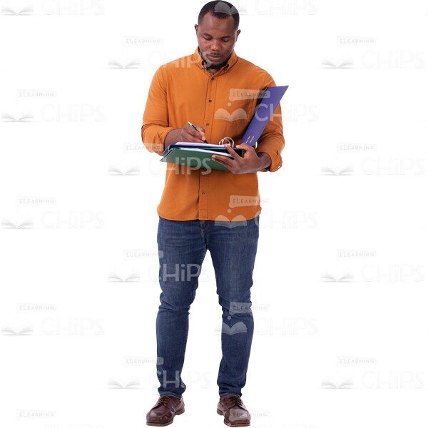 Serious Man Holds Few Folders Makes Notes In One By Pen Cutout Image-0