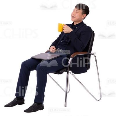 Happy Cutout Man Relaxed Sitting With Closed Laptop Holds Yellow Cup-0